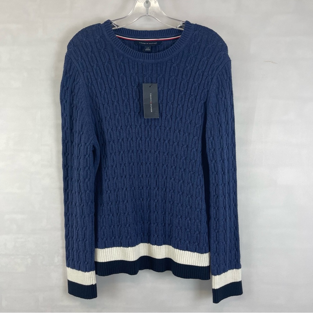 Tommy Hilfiger Women’s Cable Knit Crewneck Sweater Blue White Trim Size L NWT